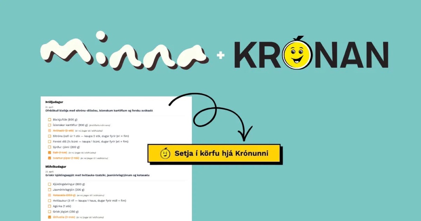 Skjáskot af Minnu: innkaupalisti sendur beint í körfu hjá Krónunni