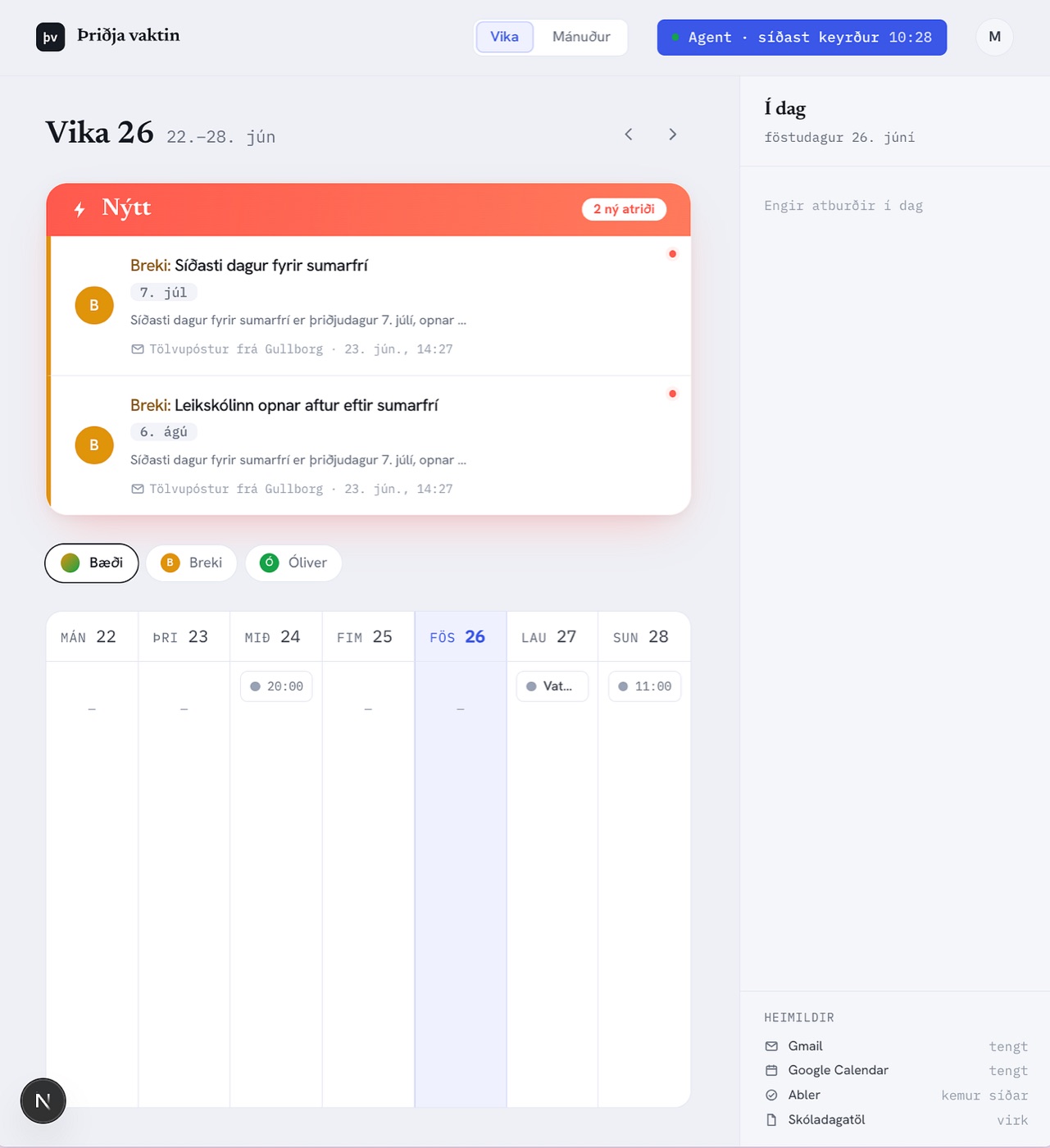 Agent sem les tölvupósta frá skóla og frístund og býr til viðburði í sameiginlegu dagatali